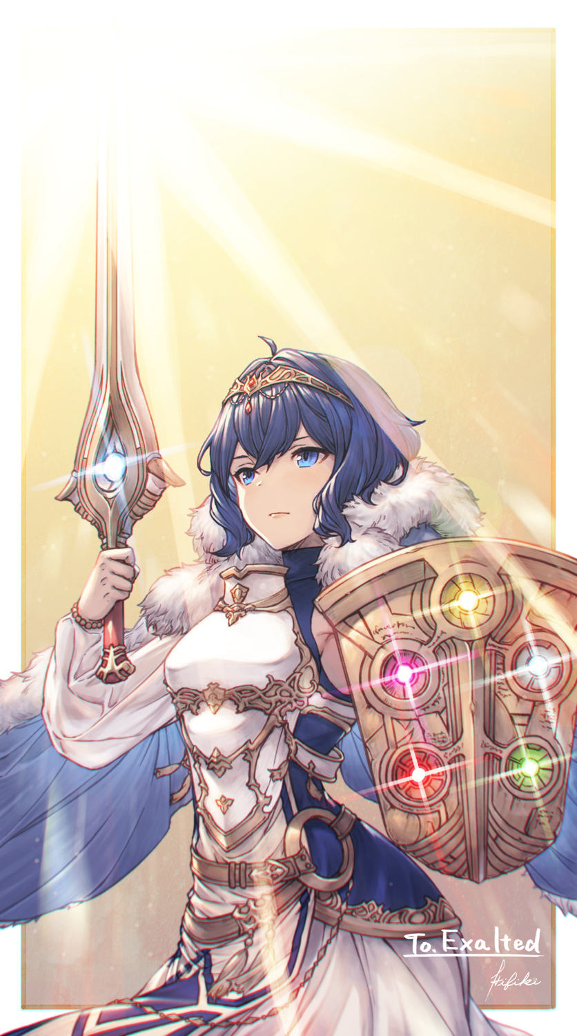 ivris, female morgan (fire emblem), lucina (fire emblem), lucina (hope-ruling queen) (fire emblem), fire emblem, fire emblem awakening, fire emblem cipher, nintendo, commentary request, commission, highres, mixed-language commentary, partial commentary, skeb commission, 1girl, armor, armored dress, binding shield, blue cape, blue eyes, blue hair, border, breastplate, breasts, cape, closed mouth, commissioner name, cowboy shot, dress, expressionless, facing viewer, falchion (fire emblem), floating cape, fur-trimmed cape, fur trim, gold tiara, holding, holding shield, holding sword, holding weapon, light rays, shield, short hair, signature, small breasts, solo, sword, weapon, white border, yellow background