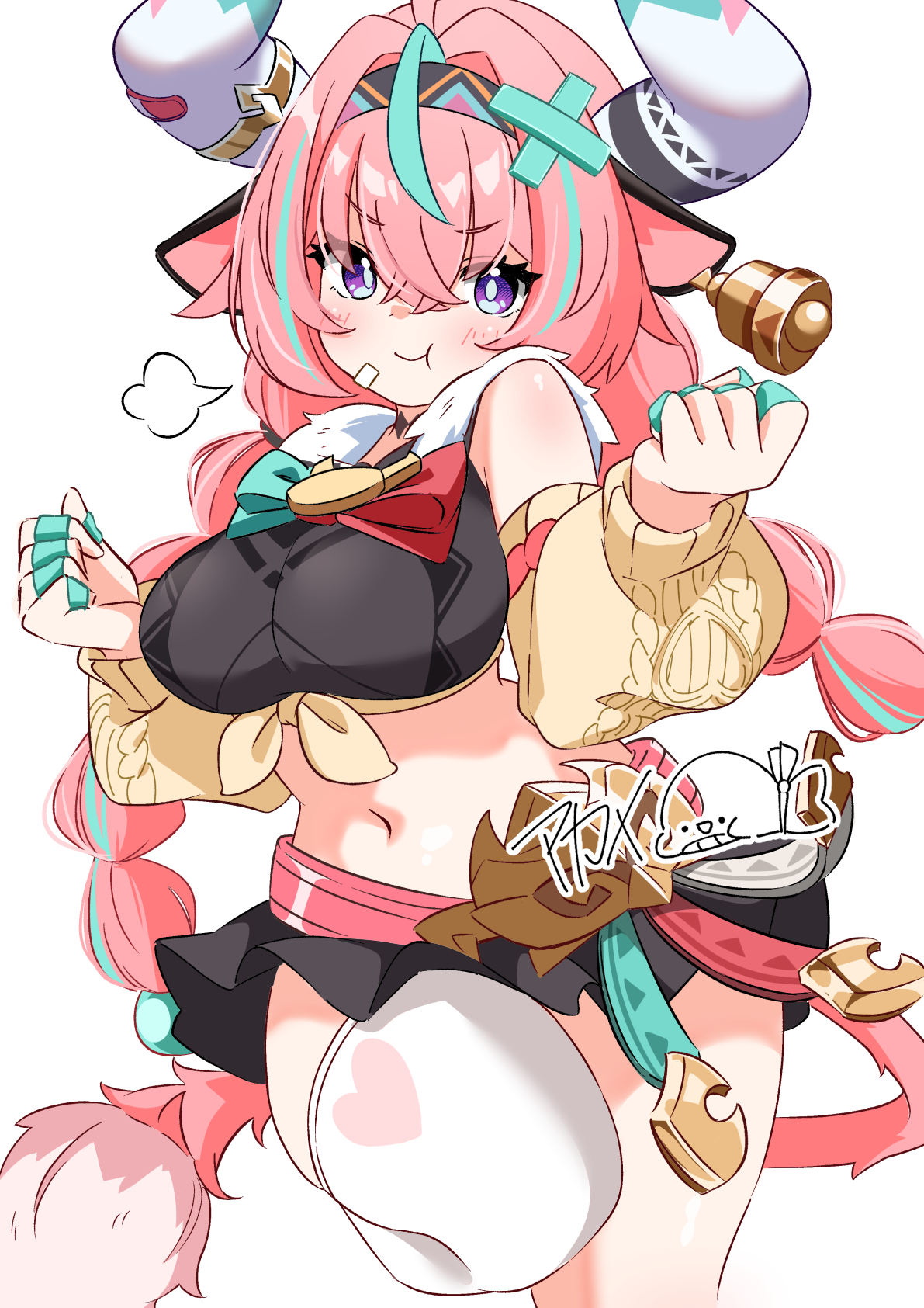 akame00, varesa (genshin impact), genshin impact, commentary request, highres, 1girl, animal ears, aqua hair, belt, black skirt, bright pupils, clenched hands, closed mouth, cow ears, cow girl, cow horns, cow tail, cowboy shot, crop top, detached sleeves, ear bell, hair between eyes, hair ornament, horns, knee up, looking at viewer, midriff, miniskirt, multicolored hair, navel, pink belt, pink hair, pink tail, pleated skirt, pout, puff of air, purple eyes, signature, simple background, single thighhigh, skirt, solo, streaked hair, tail, thighhighs, white background, white horns, white pupils, white thighhighs, x hair ornament, yellow sleeves