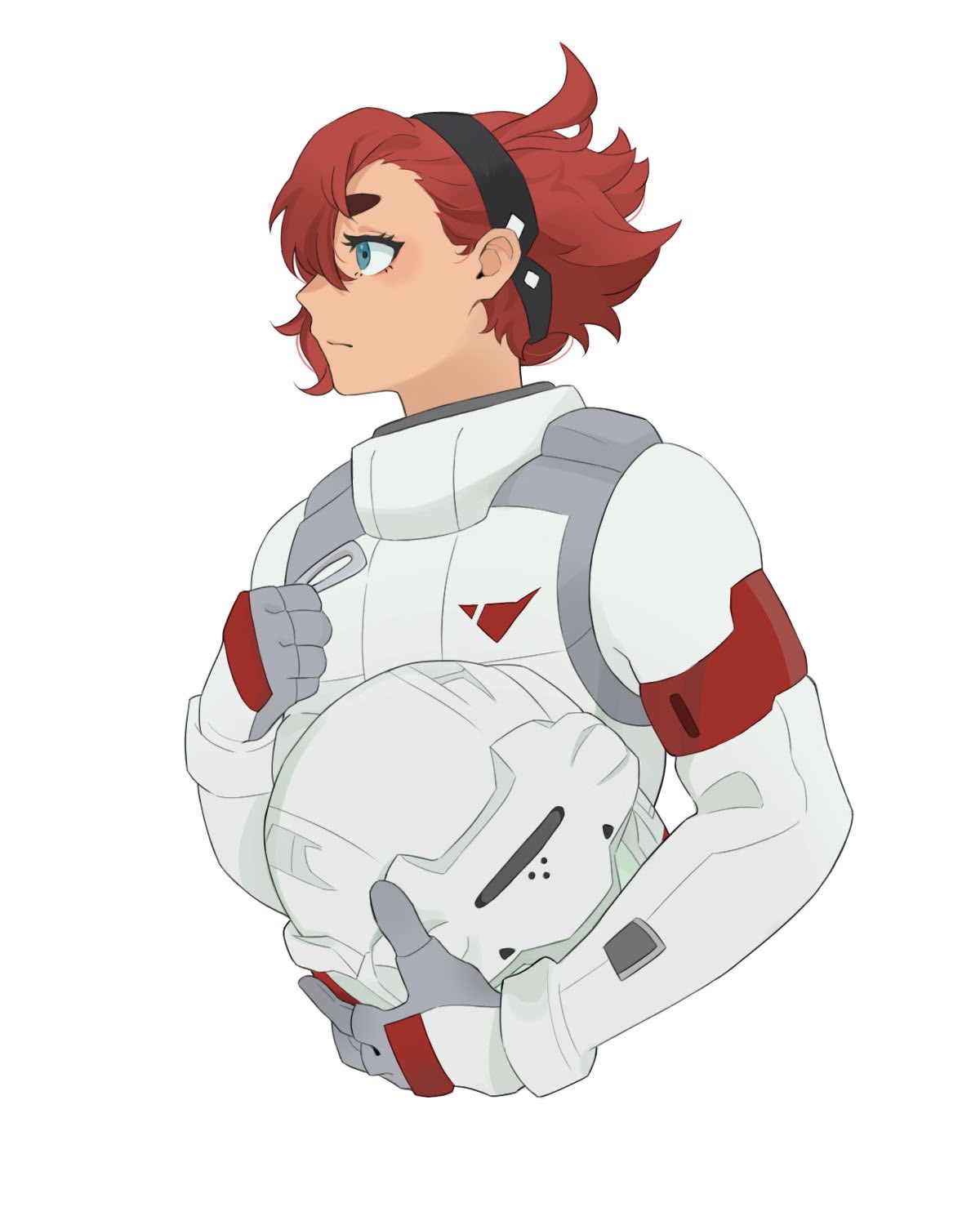 tsoo ah, suletta mercury, gundam, gundam suisei no majo, commentary, english commentary, highres, 1girl, black hairband, blue eyes, closed mouth, gloves, grey gloves, hairband, long hair, ponytail, red hair, simple background, solo, spacesuit, thick eyebrows, upper body, white background