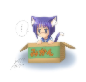 tsumura tokiko, busou renkin, lowres, 00s, animal ears, blue hair, box, cat ears, cat tail, in box, in container, scar, school uniform, serafuku, tail