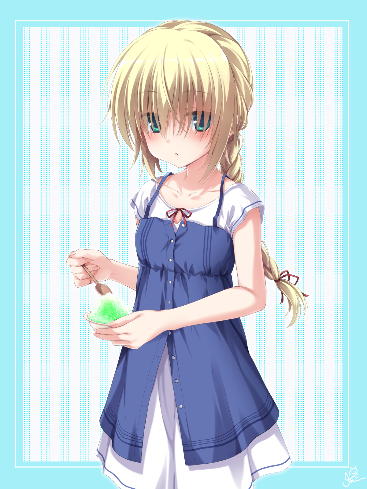 chaamii, kono natsuki, empty x embryo, commentary, highres, 1girl, :<, alternate hairstyle, blonde hair, blue border, blue dress, blush, border, braid, braided ponytail, closed mouth, cowboy shot, crossed bangs, dress, eyes visible through hair, food, frown, green eyes, hair between eyes, hands up, holding, holding food, holding spoon, long bangs, long hair, looking at viewer, low ponytail, outside border, ponytail, shaved ice, short sleeves, sidelocks, simple background, single braid, solo, spaghetti strap, spoon, two-tone dress, white background, white dress