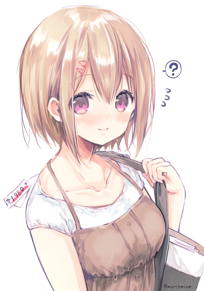 march-bunny, character request, copyright request, 1girl, ?, bag, blonde hair, blush, breasts, collarbone, dress, flying sweatdrops, hair ornament, hairclip, light smile, medium breasts, parted bangs, pink eyes, price tag, short hair, shoulder bag, white background