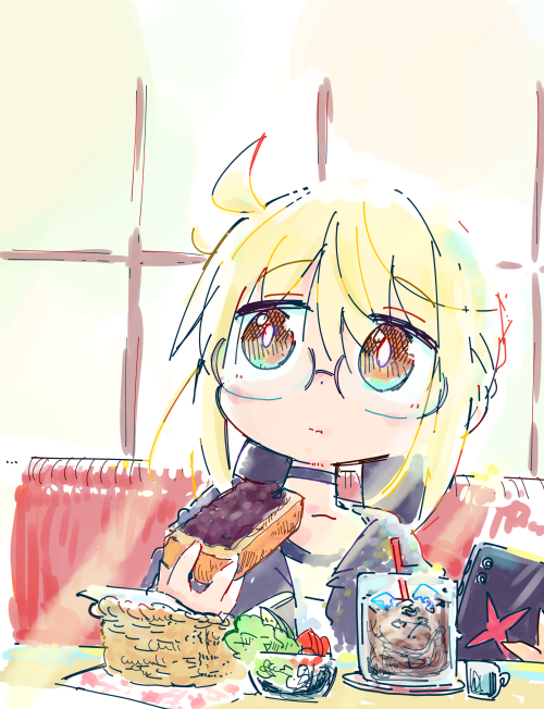 kasuga yuuki, artoria pendragon (fate), mysterious heroine x alter (fate), fate/grand order, fate (series), commentary request, food request, 1girl, black choker, black jacket, blonde hair, brown eyes, cellphone, choker, closed mouth, cup, drink, drinking glass, drinking straw, food, glasses, hair between eyes, holding, holding food, holding phone, hood, hood down, hooded jacket, ice, ice cube, jacket, looking to the side, open clothes, open jacket, phone, shirt, solo, table, upper body, white shirt, window