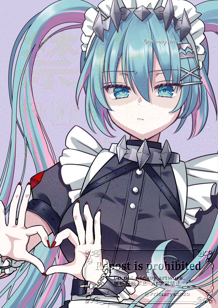 kyuubi mika, ellen joe, hatsune miku, moechakkafire, vocaloid, zenless zone zero, commentary, 1girl, alternate costume, apron, black dress, closed mouth, cosplay, dress, ellen joe (cosplay), four-finger heart hands, frills, grey background, heart, heart hands, looking at viewer, maid, maid headdress, multicolored hair, parody, puffy short sleeves, puffy sleeves, short sleeves, simple background, solo, twintails, upper body, wrist cuffs