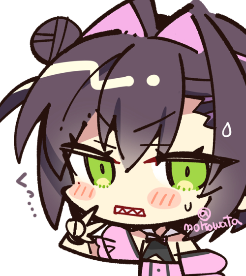 komowata haruka, commentary request, 1girl, black hair, blush stickers, chibi, chibi only, clenched teeth, colored inner hair, green eyes, hair between eyes, hand up, jirai kei, limelight lemonade jam, looking at viewer, medium hair, multicolored hair, nabari anju, off-shoulder shirt, off shoulder, pink hair, pink shirt, sharp teeth, shirt, short sleeves, sidelocks, simple background, solo, sweatdrop, teeth, twitter username, two-tone hair, upper body, v, v-shaped eyebrows, white background