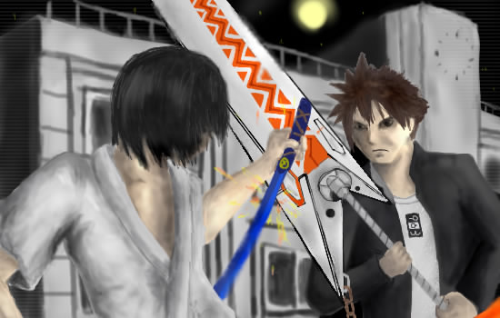 hayasaka shusui, mutou kazuki, busou renkin, 00s, black hair, brown hair, sunlight heart, sword, weapon