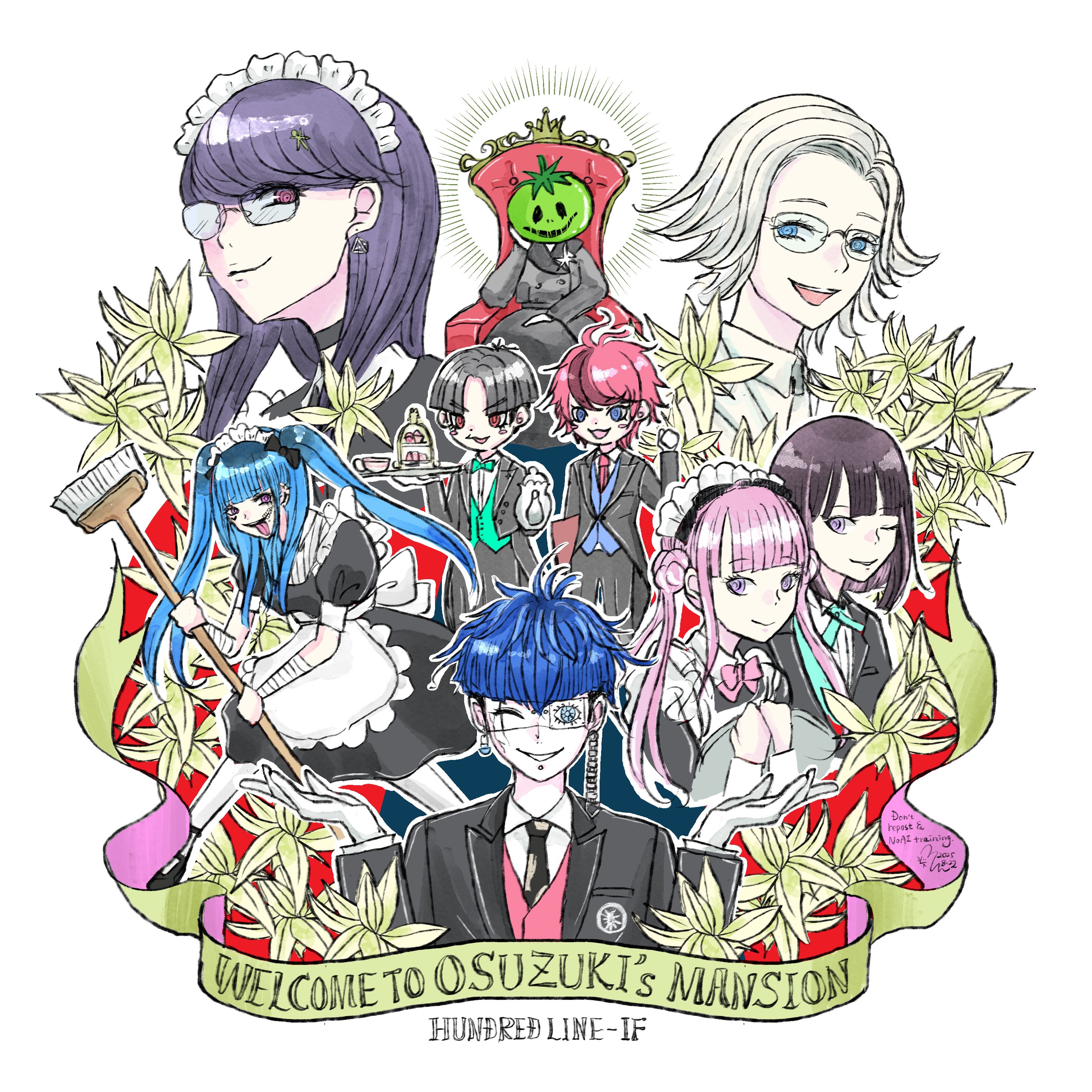 rj octr, amemiya darumi, aotsuki eito, maruko gaku, omokage yugamu, oosuzuki kurara, shizuhara hiruko, sumino takumi, tsukumo ima, tsukumo kako, the hundred line -last defense academy-, 4girls, 5boys, alternate costume, apron, black hair, blue hair, eyepatch, formal clothes, glasses, holding, holding plate, long hair, maid, maid apron, mask, mask on head, multicolored hair, multiple boys, multiple girls, one eye closed, pink hair, plate, purple hair, red hair, short hair, suit, tomato, twintails, upper body, white background, white hair