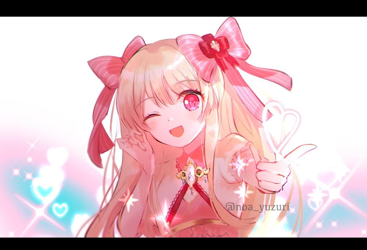 chaos marie (grimms notes), grimms notes, bad id, 1girl, long hair, looking at viewer, noa yuzuri, one eye closed, open mouth, smile, solo, twitter username, upper body
