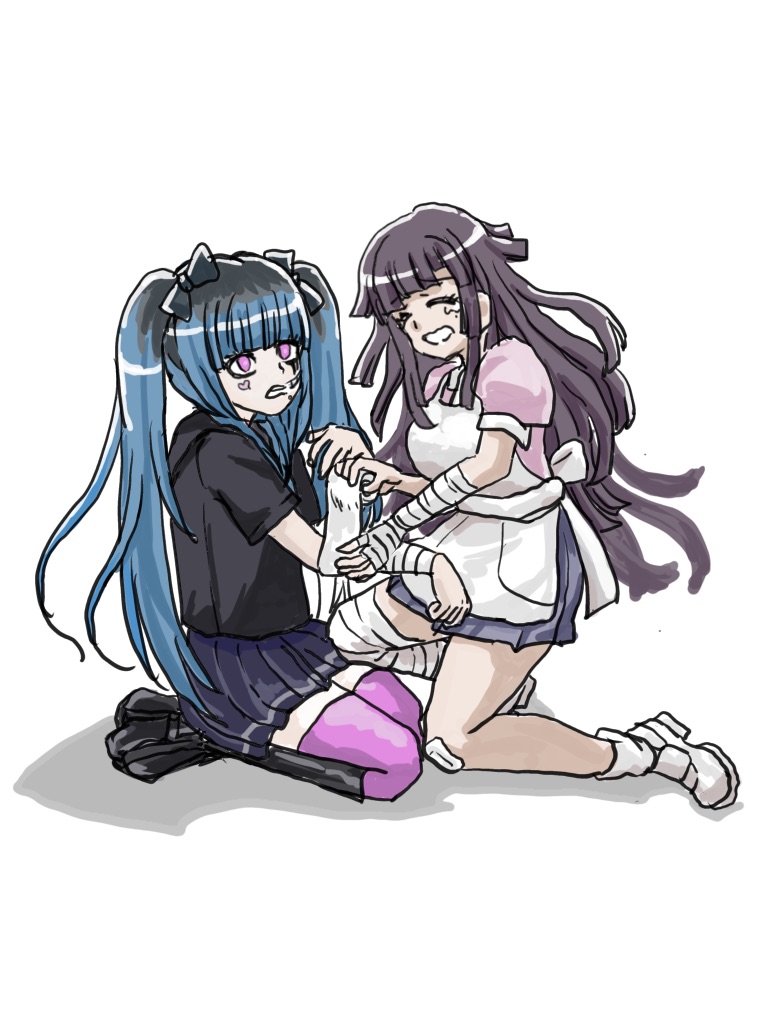 mochi96aa2, amemiya darumi, tsumiki mikan, danganronpa (series), the hundred line -last defense academy-, 2girls, alternate costume, apron, bandaged arm, bandaged wrist, bandages, black bow, black hair, blue hair, bow, closed eyes, crossover, long hair, looking at another, multicolored hair, multiple girls, pink eyes, pink shirt, pink thighhighs, pleated skirt, seiza, shirt, sitting, skirt, thighhighs, twintails, white apron, white background