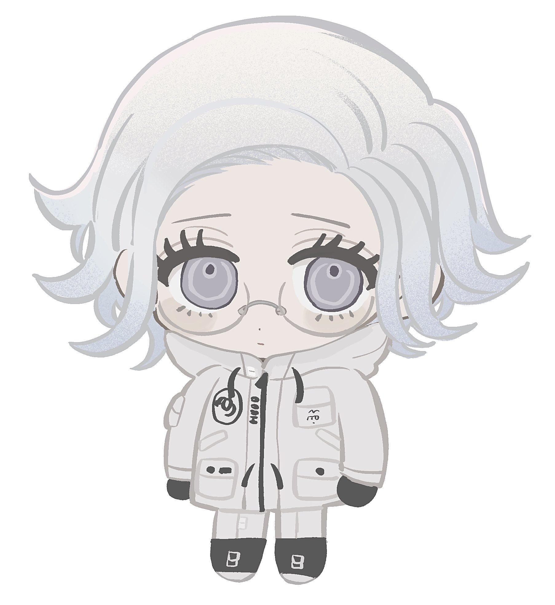 mea-miyu, aotsuki eito, the hundred line -last defense academy-, highres, 1boy, black gloves, black shoes, breast pocket, chibi, chibi only, glasses, gloves, grey hair, jacket, looking at viewer, male focus, pants, pocket, shoes, short hair, simple background, smile, solo, white background, white jacket, white pants