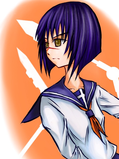 tsumura tokiko, busou renkin, 00s, blue hair, scar, school uniform, serafuku, valkyrie skirt, yellow eyes