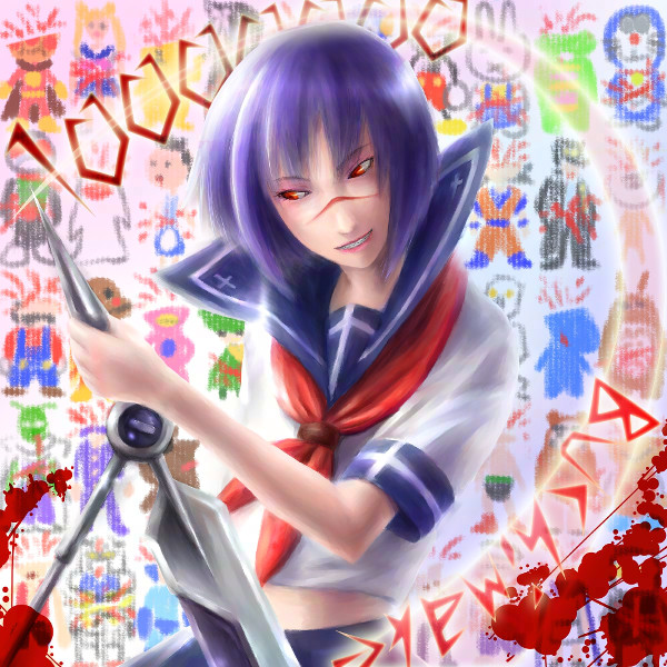 tsumura tokiko, busou renkin, 00s, blue hair, scar, school uniform, serafuku, valkyrie skirt, yellow eyes