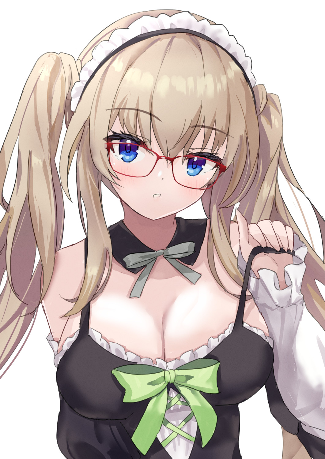 nowa2109, kujou miyako, 9-nine-, commentary request, highres, 1girl, bare shoulders, black dress, blue eyes, blush, bow, bowtie, breasts, brown hair, cleavage, detached collar, detached sleeves, dress, dress bow, eyelashes, frilled dress, frilled sleeves, frills, glasses, green bow, grey bow, grey bowtie, hair between eyes, hand up, large breasts, long hair, long sleeves, looking at viewer, maid, maid headdress, nine ball maid uniform, official alternate costume, official alternate hairstyle, parted lips, pulling own clothes, red-framed eyewear, sidelocks, simple background, sleeveless, sleeveless dress, solo, spaghetti strap, strap pull, tsurime, twintails, upper body, very long hair, white background