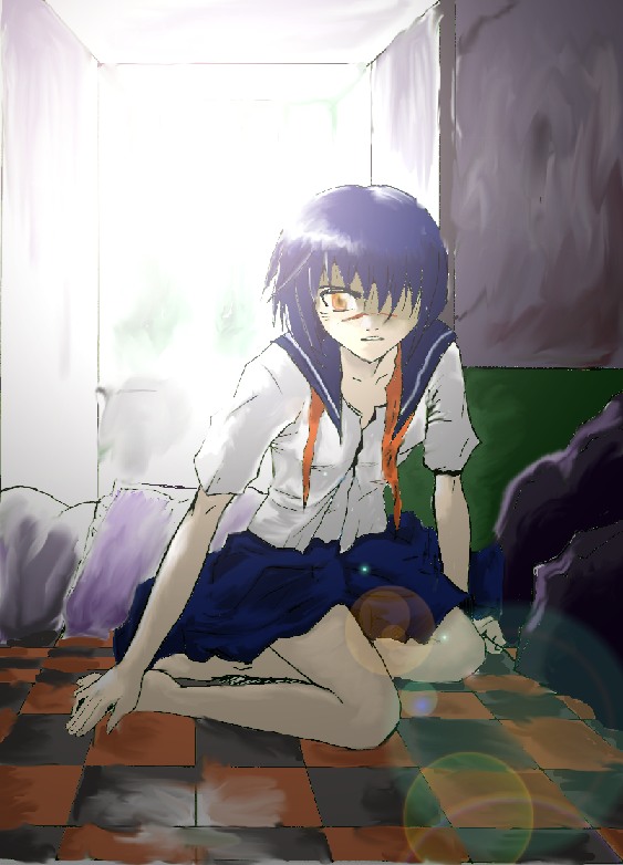 tsumura tokiko, busou renkin, 00s, blue hair, scar, school uniform, serafuku, yellow eyes