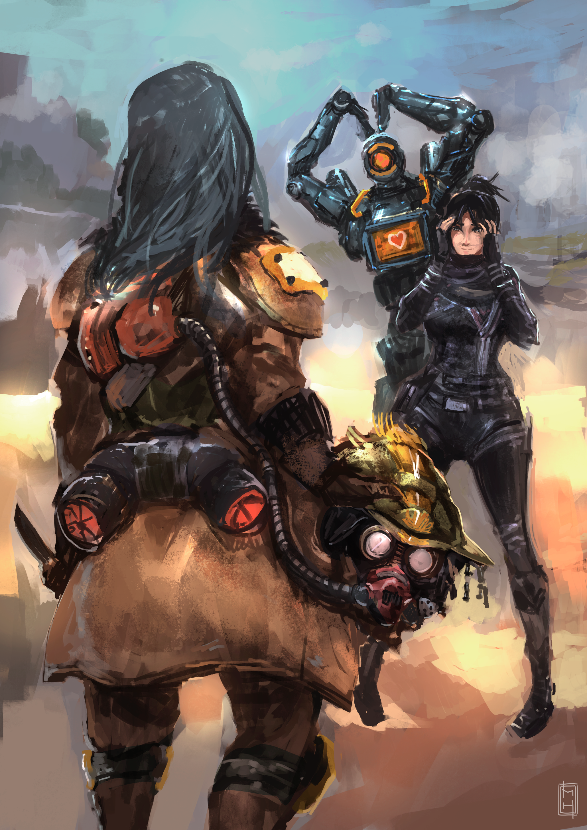 matias habert, bloodhound (apex legends), pathfinder (apex legends), wraith (apex legends), apex legends, absurdres, highres, 1boy, 1girl, 1other, ambiguous gender, belt, black belt, black bodysuit, black hair, bodysuit, brown jacket, brown pants, completion time, goggles, grey eyes, hair bun, hands on own head, heart, heart arms, helmet, humanoid robot, jacket, light smile, long hair, one-eyed, outdoors, pants, robot, single hair bun, unworn headwear, unworn helmet