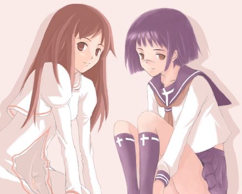 mutou mahiro, tsumura tokiko, busou renkin, lowres, 00s, blue hair, brown eyes, brown hair, scar, school uniform, serafuku, yellow eyes