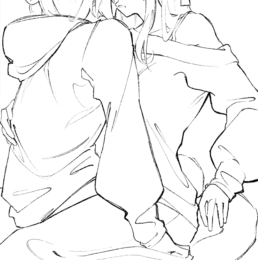 visari, miyagi shiori, sendai hazuki, shuuniichido classmate wo kau hanashi, commentary, unfinished, 2girls, greyscale, hood, hoodie, long hair, long sleeves, medium hair, monochrome, multiple girls, off shoulder, parted lips, yuri