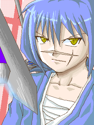 tsumura tokiko, busou renkin, lowres, 00s, blue hair, scar, valkyrie skirt, yellow eyes