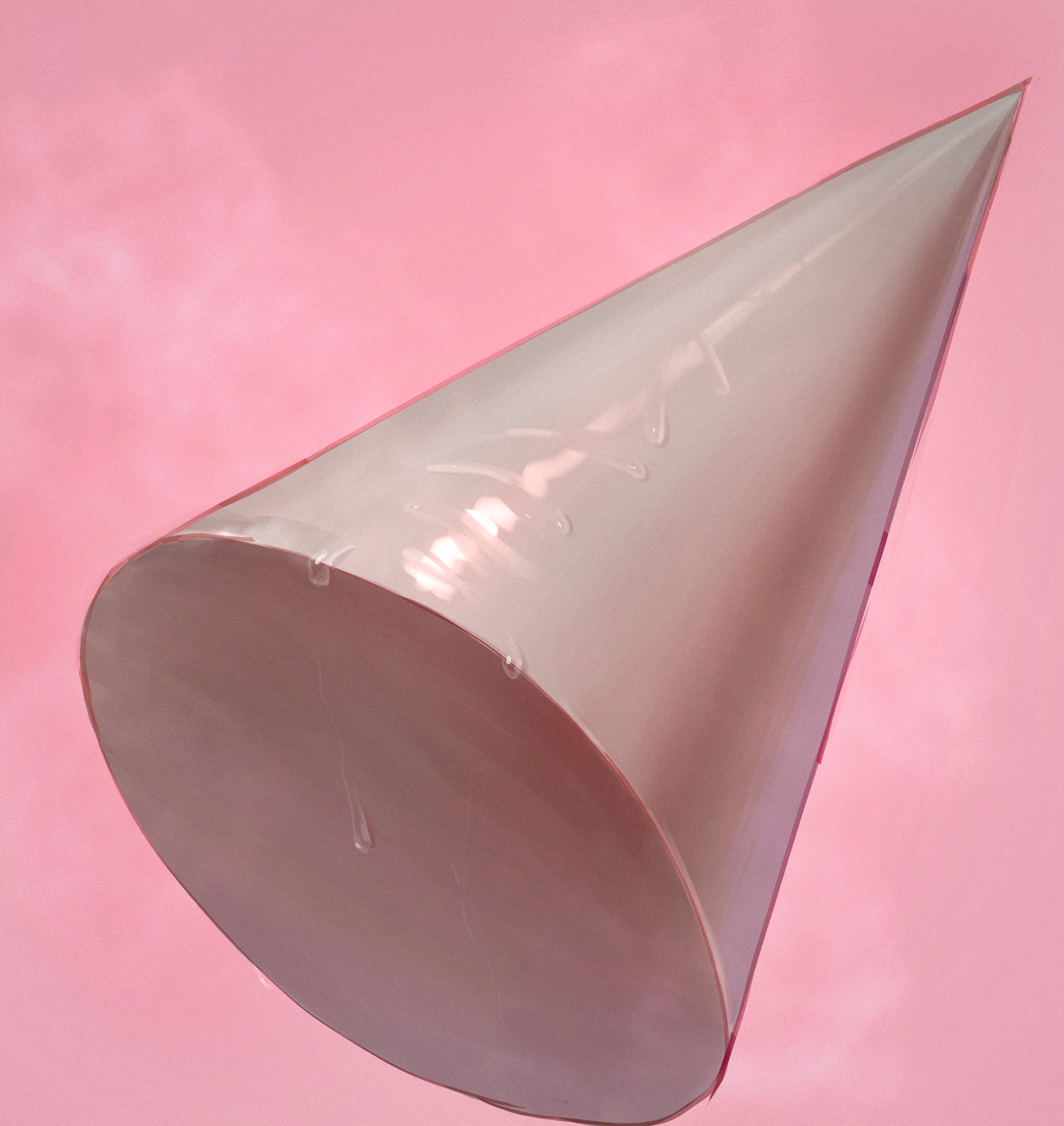 wass nonnam, absurdres, commentary, english commentary, highres, cone (geometry), full body, no humans, object focus, pink background, presenting, shiny skin, simple background, steaming body, still life, sweat