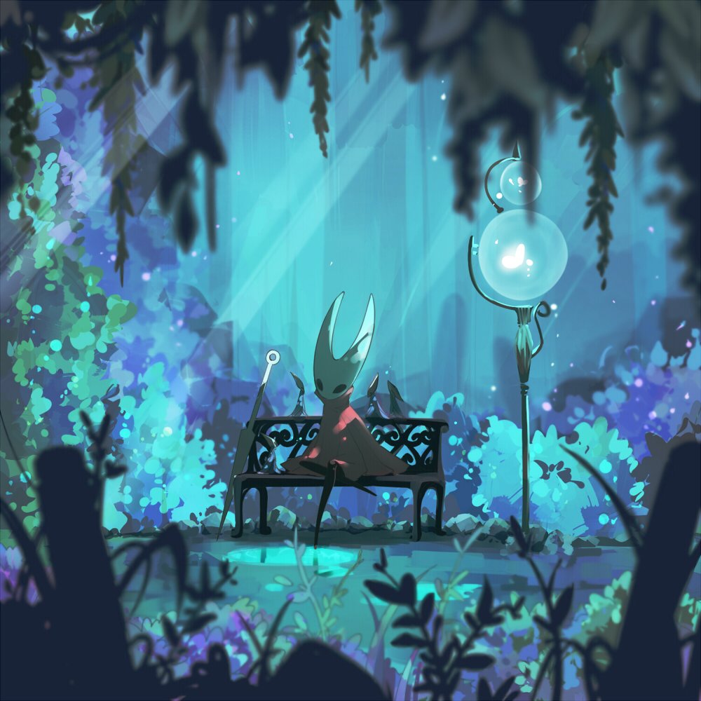 maou skun, hornet (hollow knight), hollow knight, bench, blurry, bush, depth of field, lamppost, plant, sitting, weapon