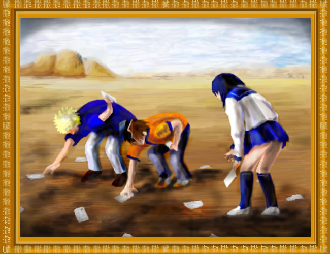 mutou kazuki, nakamura gouta, tsumura tokiko, busou renkin, 00s, 1girl, 2boys, bent over, blonde hair, blue hair, brown hair, full body, multiple boys, outdoors, school uniform, serafuku, standing