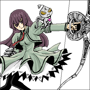 angel gozen (character), hayasaka ouka, busou renkin, black legwear, red neckwear, aliasing, lowres, 00s, 1girl, 1other, angel gozen (weapon), armband, bow (weapon), brown eyes, brown hair, creature, feet out of frame, knees together feet apart, light smile, long hair, necktie, outstretched arm, school uniform, serafuku, simple background, weapon, white background