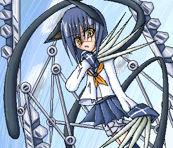 tsumura tokiko, busou renkin, lowres, 00s, animal ears, blue hair, cat ears, cat tail, scar, school uniform, serafuku, tail, valkyrie skirt, yellow eyes