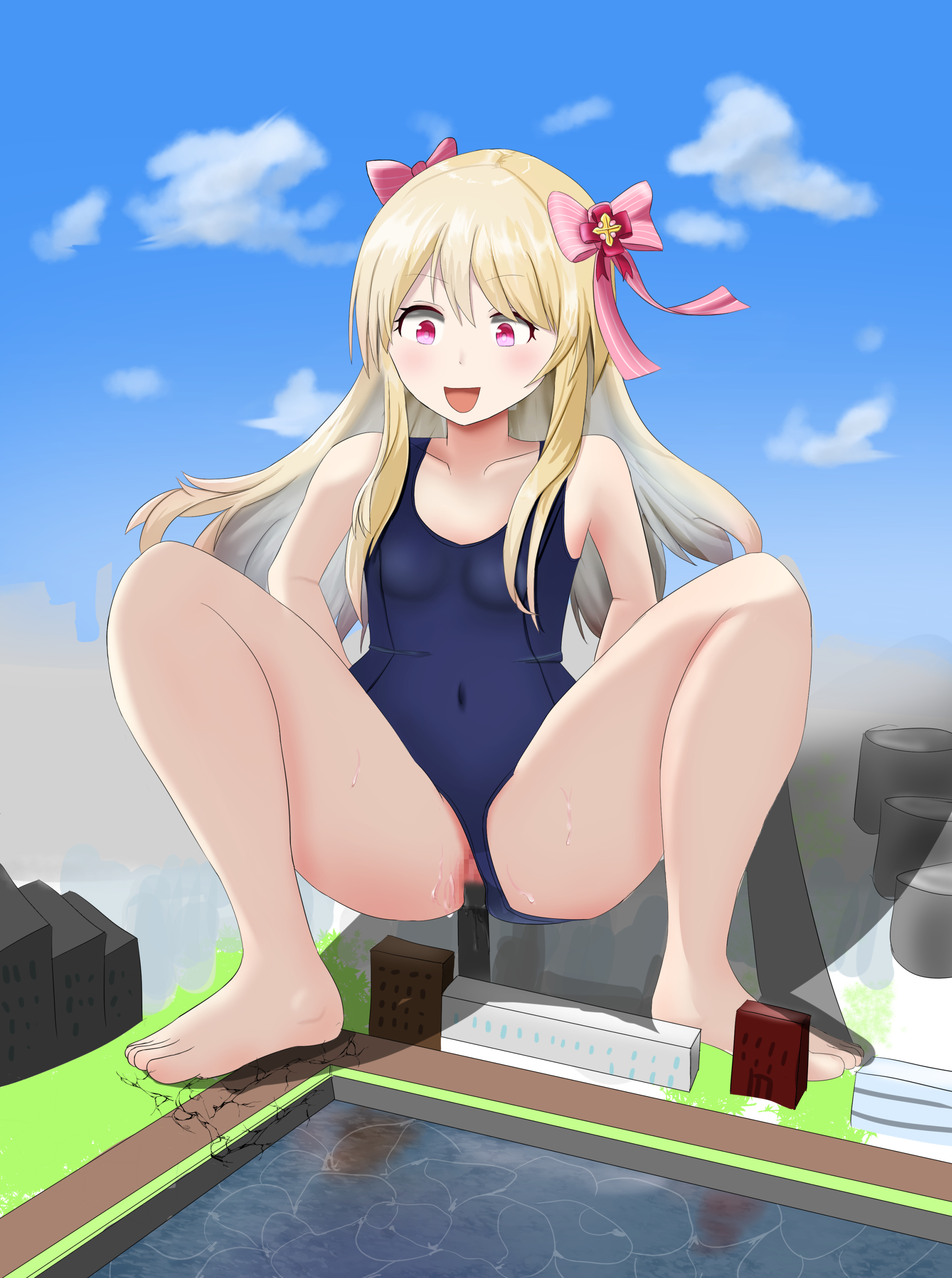 nyacoate, chaos marie (grimms notes), grimms notes, bad id, bad pixiv id, 1girl, barefoot, blonde hair, breasts, building sex, city, female masturbation, full body, giant, giantess, long hair, masturbation, old school swimsuit, open mouth, pink eyes, pussy, school swimsuit, smile, solo, swimsuit, vaginal