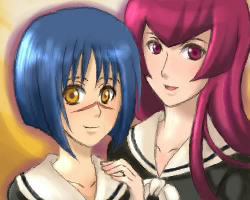 tsumura tokiko, busou renkin, maria-sama ga miteru, lowres, 00s, blue hair, crossover, purple eyes, purple hair, scar, school uniform, serafuku, yellow eyes
