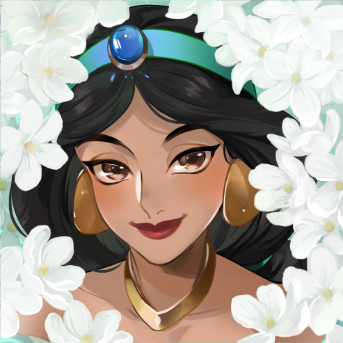 ano (sbee), jasmine (disney), aladdin (movie), lowres, 1girl, arabian clothes, black hair, brown eyes, dark-skinned female, dark skin, earrings, flower, jewelry, long hair, looking at viewer, multi-tied hair, necklace, princess, smile, solo, very long hair
