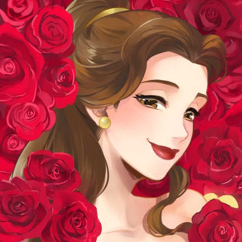 ano (sbee), belle (disney), beauty and the beast (disney), lowres, 1girl, animification, brown eyes, brown hair, dress, earrings, flower, jewelry, lips, long hair, looking at viewer, ponytail, princess, red flower, red lips, red rose, rose, smile, yellow dress