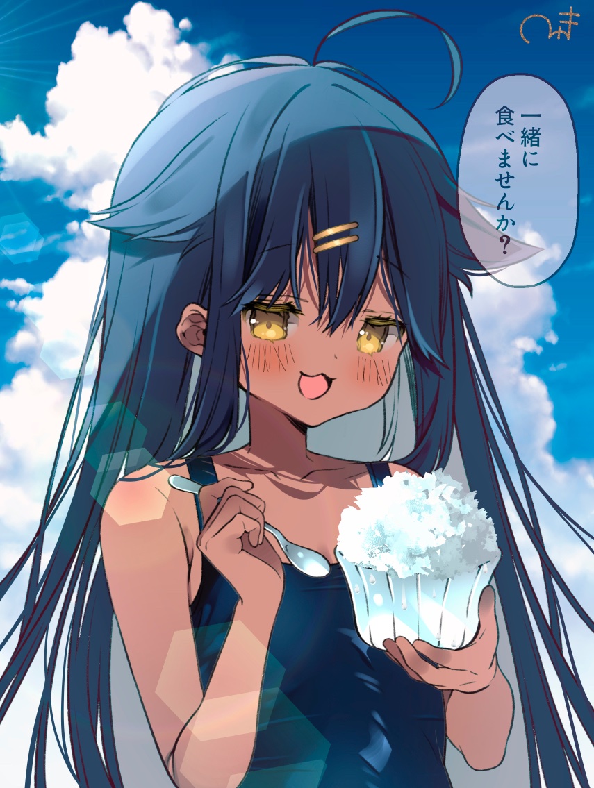 march-bunny, natsukawa kuina, hinako note, :3, ahoge, blue hair, blue sky, breasts, cloud, cumulonimbus cloud, food, hair ornament, hairclip, long hair, one-piece swimsuit, shaved ice, sky, small breasts, speech bubble, spoon, sunlight, swimsuit, yellow eyes