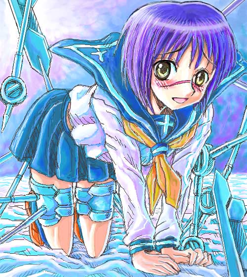 tsumura tokiko, busou renkin, 00s, blue hair, scar, school uniform, serafuku, valkyrie skirt, yellow eyes