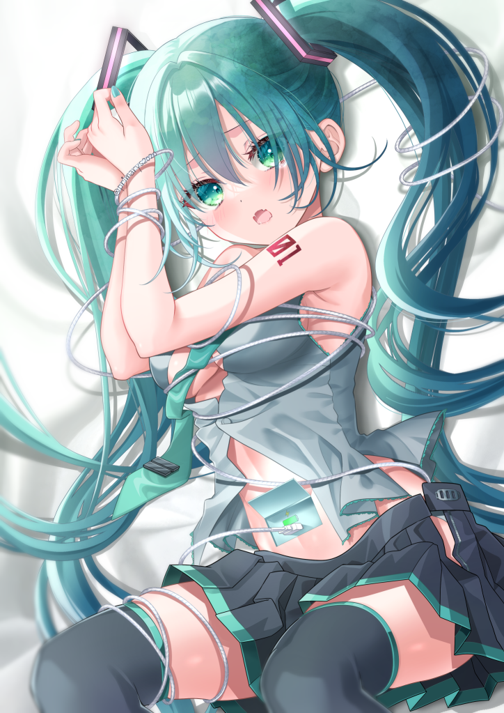 kyuubi mika, hatsune miku, vocaloid, 1girl, aqua eyes, aqua hair, aqua nails, bare shoulders, blue eyes, blue hair, bound, grey shirt, hair between eyes, hair ornament, headset, long hair, looking at viewer, miku day, number tattoo, open mouth, shirt, simple background, skirt, sleeveless, solo, tattoo, thighhighs, twintails, very long hair
