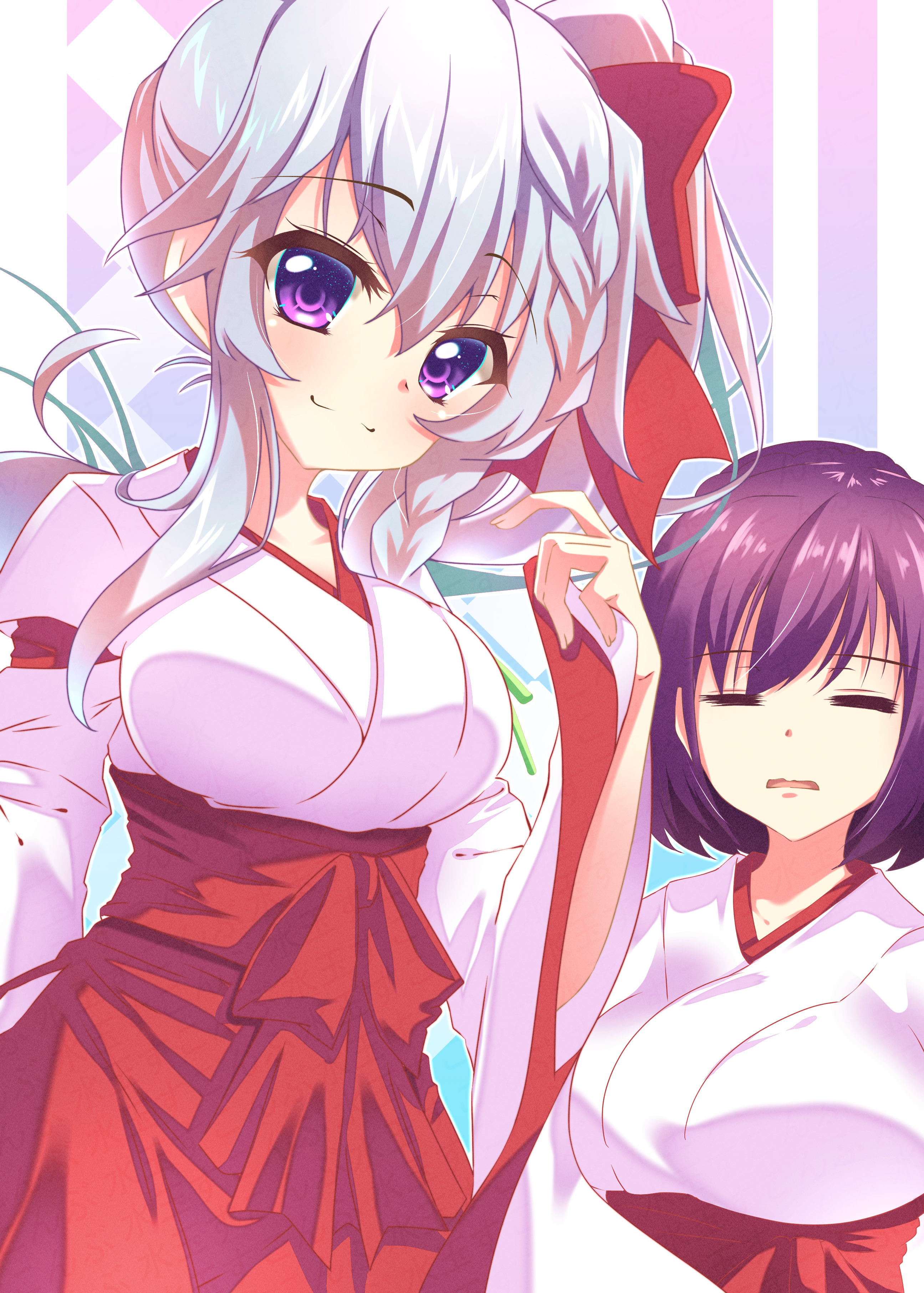 sukonbu385, naruse satsuki, niimi sora, 9-nine-, absurdres, commentary request, highres, 2girls, :3, = =, alternate costume, blush, bow, braid, breasts, closed eyes, closed mouth, cowboy shot, eyelashes, facing viewer, grey hair, hair between eyes, hair bow, hakama, hand up, japanese clothes, kimono, large breasts, long hair, long sleeves, looking at viewer, medium hair, miko, multiple girls, open mouth, outline, purple hair, red bow, red hakama, side ponytail, sidelocks, simple background, single braid, smile, split mouth, upper body, watermark, wavy mouth, white kimono, white outline, wide sleeves