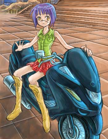 tsumura tokiko, busou renkin, vehicle, lowres, 00s, blue hair, motor vehicle, motorcycle, scar, yellow eyes