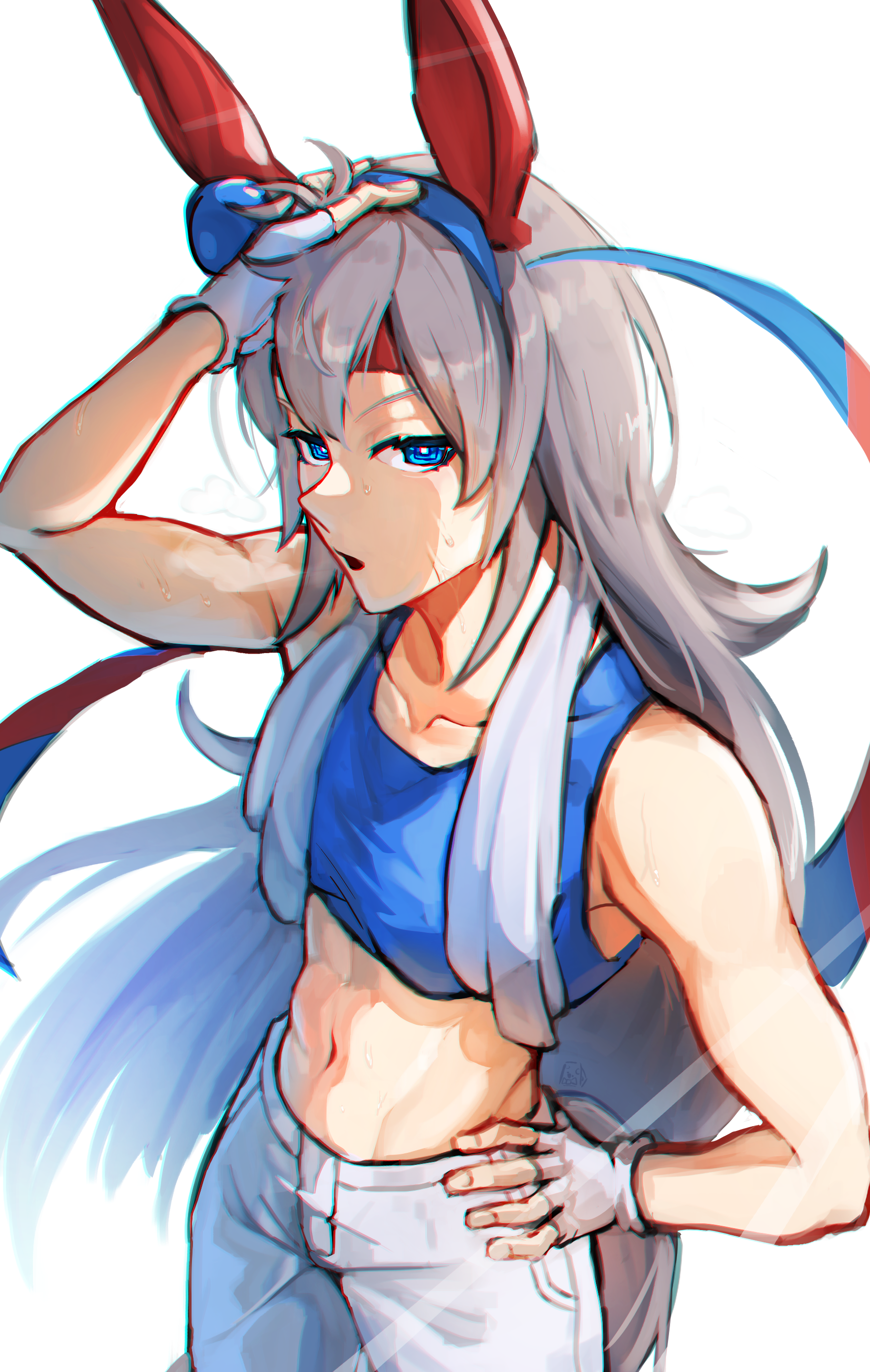 autux, tamamo cross (umamusume), umamusume, absurdres, commentary request, highres, 1girl, abs, animal ears, bare shoulders, blue sports bra, breasts, collarbone, cowboy shot, ear covers, ear ornament, fingerless gloves, gloves, grey hair, hair between eyes, hairband, hand on own head, hand on own hip, headband, horse ears, horse girl, horse tail, looking at viewer, muscular, muscular female, no jacket, open mouth, simple background, small breasts, solo, sports bra, sweat, tail, two-tone headband, white background, white gloves