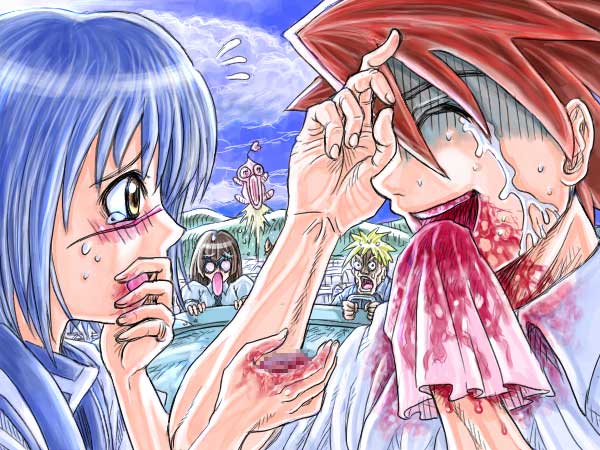 mitsurou, angel gozen (character), hayasaka ouka, mutou kazuki, nakamura gouta, tsumura tokiko, busou renkin, tagme, 00s, 1other, 2boys, 2girls, :o, blonde hair, blood, blue hair, brown hair, censored, censored violence, cloud, covering own mouth, creature, crying, day, floating, flying sweatdrops, looking at another, mosaic censoring, multiple boys, multiple girls, o o, red hair, scar, school uniform, serafuku, sky, streaming tears, surprised, sweatdrop, tearing up, tears, yellow eyes