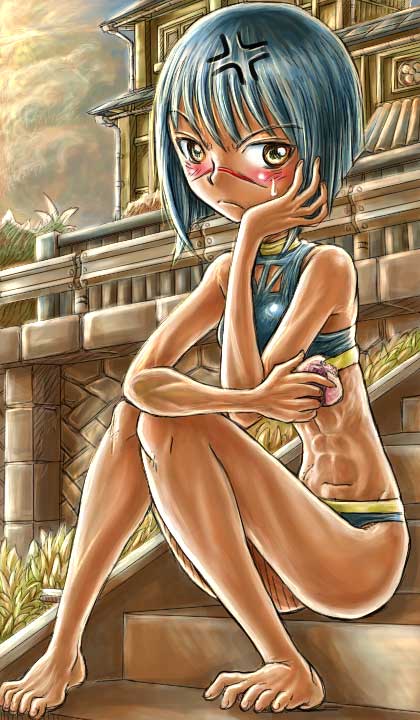 tsumura tokiko, busou renkin, 00s, black hair, scar, swimsuit, yellow eyes