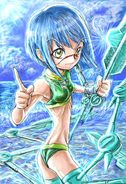 tsumura tokiko, busou renkin, 00s, blue hair, scar, swimsuit, valkyrie skirt, yellow eyes