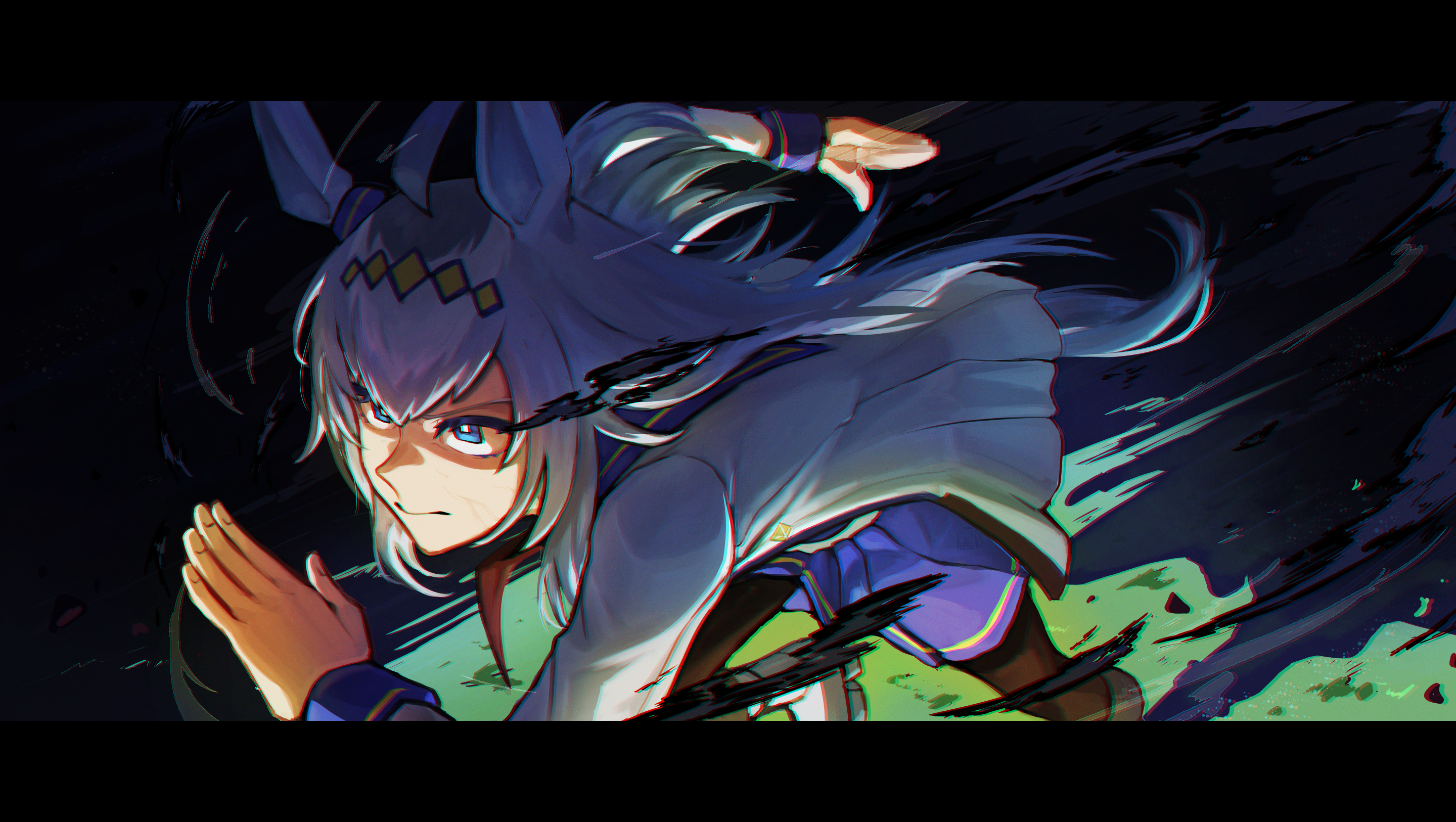 autux, oguri cap (umamusume), umamusume, commentary request, highres, 1girl, animal ears, black hair, black pantyhose, blue eyes, blue skirt, boots, closed mouth, determined, dress, fur-trimmed boots, fur trim, grass, hair ornament, horse ears, horse girl, horse tail, motion lines, multicolored hair, pantyhose, pleated skirt, racing, railing, running, running track, sailor dress, skirt, solo, speed lines, tail, two-tone hair, white boots, white hair