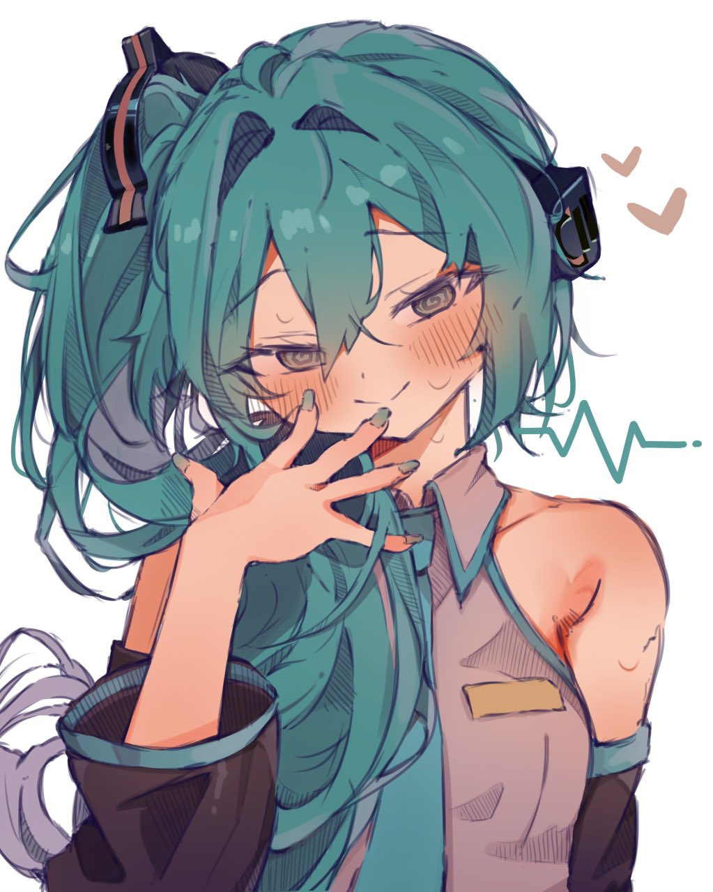 hatsune miku, hatsune miku (noodle stopper), vocaloid, commentary request, highres, korean commentary, 1girl, @ @, aqua eyes, aqua hair, bare shoulders, blush, collared shirt, detached sleeves, headphones, heart, heartbeat, long hair, looking at viewer, meme, naughty face, ponytail, portrait, rume (rume log), shirt, shoulder tattoo, side ponytail, sidetail miku noodle stopper (meme), smile, solo, tattoo, upper body, white background, white shirt, wide sleeves