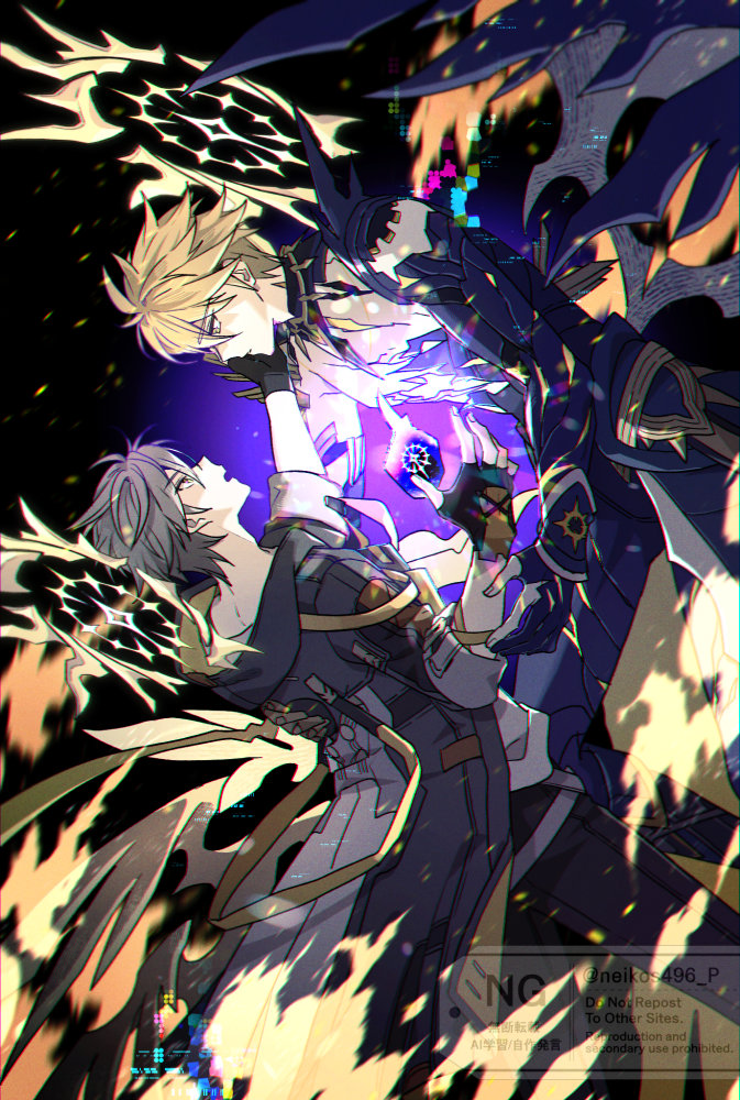 caelus (honkai: star rail), phainon (honkai: star rail), phainon (khaslana) (honkai: star rail), trailblazer (honkai: star rail), honkai: star rail, honkai (series), 2boys, arm ribbon, asymmetrical wings, back, black background, black bodysuit, black coat, black gloves, black pants, blonde hair, bodysuit, coat, coreflame (honkai: star rail), fingerless gloves, fire, flying, gauntlets, glitch, gloves, grey hair, hair between eyes, halo, halo behind head, hand around waist, hand on another's face, hands up, hood, hooded coat, long sleeves, looking at another, looking down, looking up, male focus, multiple boys, neikos496 p, official alternate costume, official alternate eye color, official alternate hair color, open clothes, open coat, open mouth, pants, ribbon, shirt, short hair, shoulder spikes, simple background, spikes, sun symbol, t-shirt, teeth, two-sided coat, two-sided fabric, watermark, white shirt, wings, yaoi, yellow coat, yellow eyes