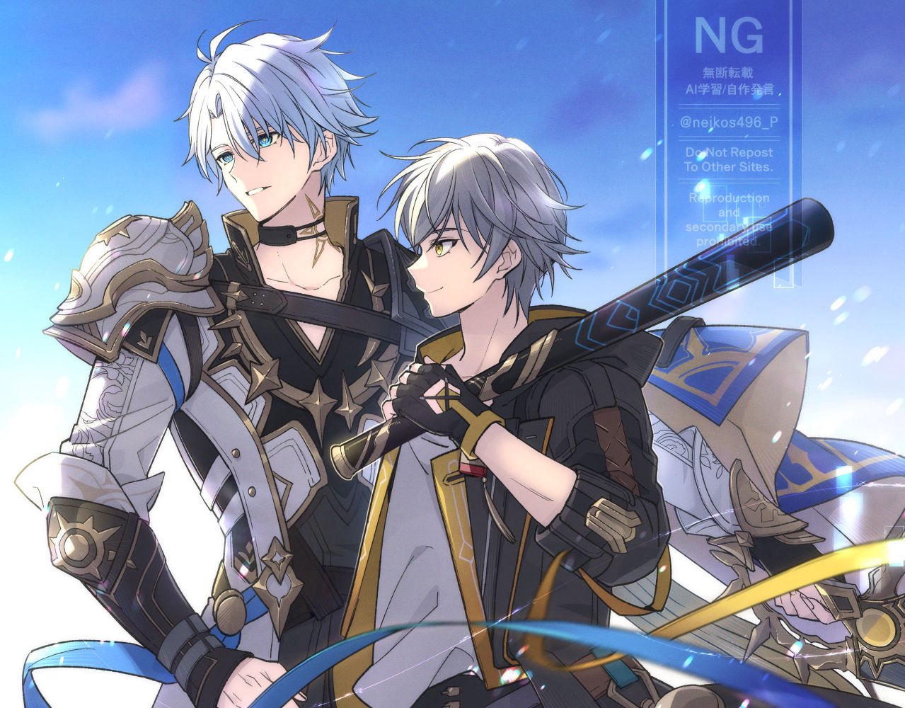 caelus (honkai: star rail), phainon (honkai: star rail), trailblazer (honkai: star rail), honkai: star rail, honkai (series), 2boys, antenna hair, arm armor, armor, baseball bat, black choker, black coat, blue cape, blue eyes, blue sky, cape, choker, closed mouth, cloud, cloudy sky, coat, collarbone, dawnmaker (honkai: star rail), day, floating clothes, gradient sky, grey hair, hair between eyes, hand on own hip, hand up, holding, holding baseball bat, holding sword, holding weapon, hood, hooded coat, jacket, long sleeves, looking to the side, male focus, multiple boys, neck tattoo, neikos496 p, open clothes, open coat, outdoors, pocket watch, shirt, short hair, shoulder armor, sky, smile, standing, sun symbol, sun tattoo, sword, t-shirt, tan, tattoo, teeth, two-sided cape, two-sided coat, two-sided fabric, watch, watermark, weapon, white jacket, white shirt, white sky, yellow cape, yellow coat, yellow eyes, yellow pupils