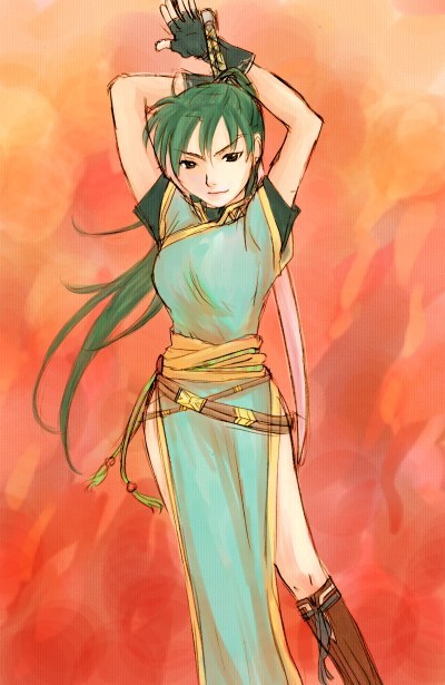 lyn (fire emblem), fire emblem, fire emblem: the blazing blade, nintendo, 1girl, boots, china dress, chinese clothes, dress, female focus, fingerless gloves, gloves, green eyes, green hair, high ponytail, katana, long hair, matching hair/eyes, pelvic curtain, ponytail, side slit, solo, sword, weapon