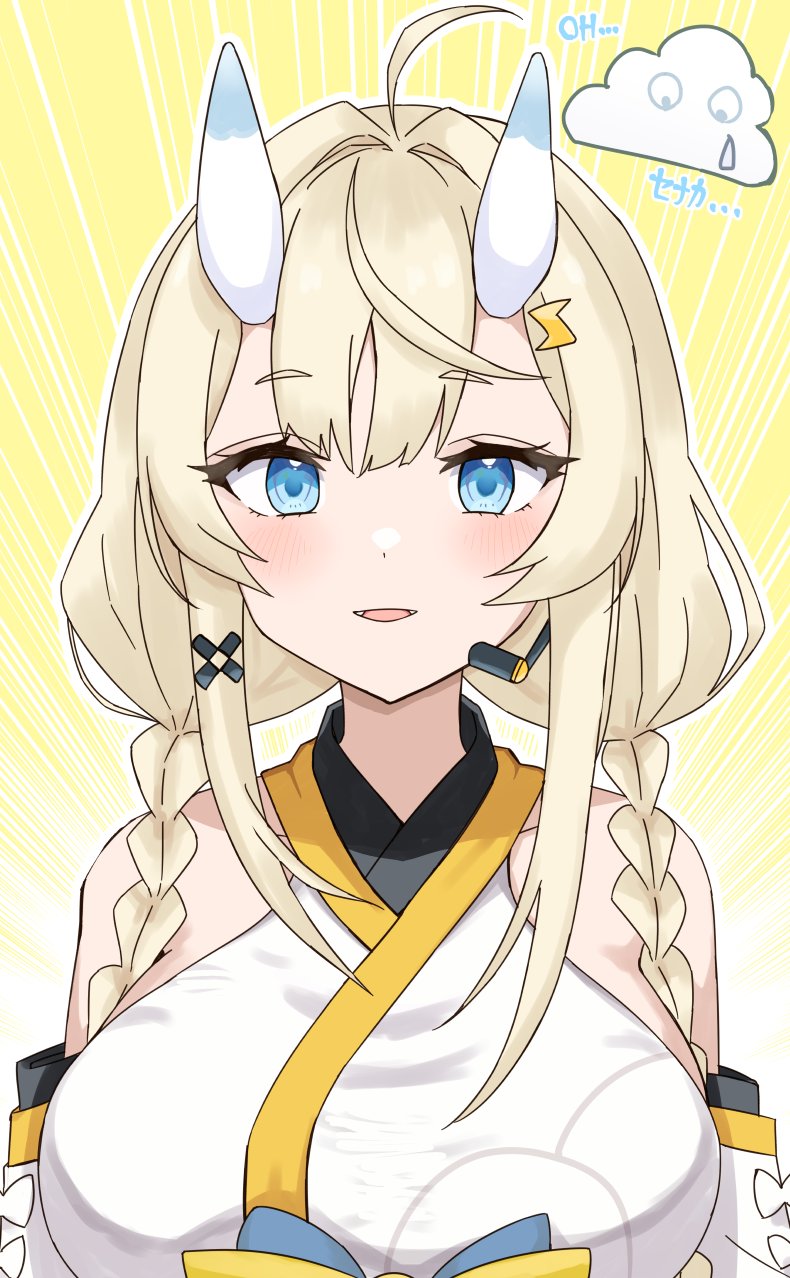 keikesu, kadou mikaru, nijisanji, highres, 1girl, ahoge, bare shoulders, blonde hair, blue eyes, blue horns, blush, braid, breasts, detached sleeves, emphasis lines, fangs, hair ornament, hair over shoulder, headset, horns, japanese clothes, kimono, large breasts, lightning bolt, lightning bolt hair ornament, lightning bolt symbol, looking at viewer, low twin braids, multicolored horns, no headwear, no jacket, outline, parted lips, portrait, sidelocks, solo, twin braids, two-tone horns, virtual youtuber, white horns, white kimono, white outline, x hair ornament, yellow background