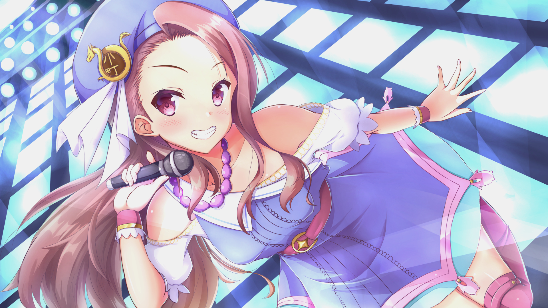 aida monaka, minase iori, idolmaster, commentary request, highres, 1girl, :d, belt, beret, blue dress, blue hat, blush, brown hair, collarbone, dress, dutch angle, eyelashes, floating hair, forehead, frilled wrist cuffs, frills, grin, hand up, happy, hat, holding, holding microphone, idol, idol clothes, long hair, looking at viewer, microphone, off-shoulder dress, off shoulder, open mouth, palace of dragon (idolmaster), parted bangs, pink belt, pink thighhighs, pink wrist cuffs, red eyes, short sleeves, single bare shoulder, smile, solo, stage, stage lights, thighhighs, very long hair, wrist cuffs
