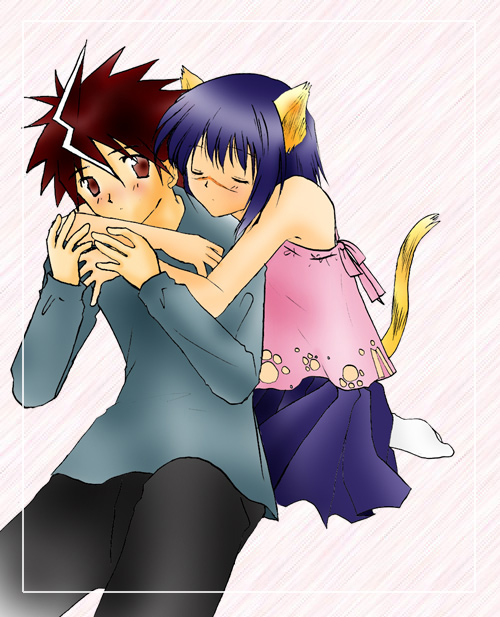 mutou kazuki, tsumura tokiko, busou renkin, 00s, animal ears, blue hair, brown hair, cat ears, cat tail, red eyes, scar, tail