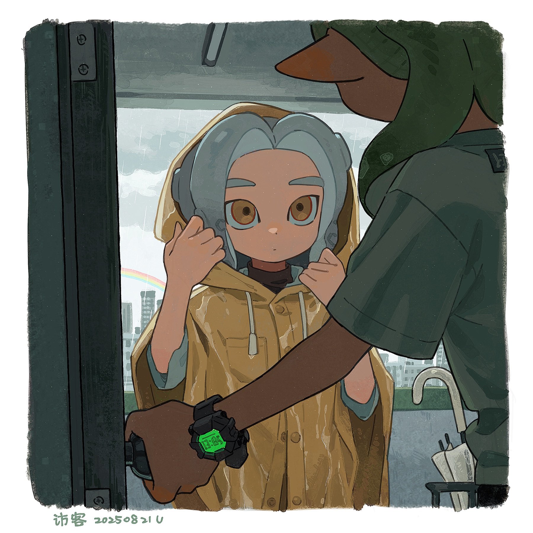 uumemeorg, octoling player character, nintendo, splatoon (series), highres, 1boy, 1girl, black shirt, closed mouth, dark skin, domino mask, frown, holding, indoors, inkling, light frown, logo, long hair, long sleeves, looking at viewer, mask, medium hair, octoling, outside border, pointy ears, red hair, shirt, squidbeak splatoon, standing, suction cups, tentacle hair