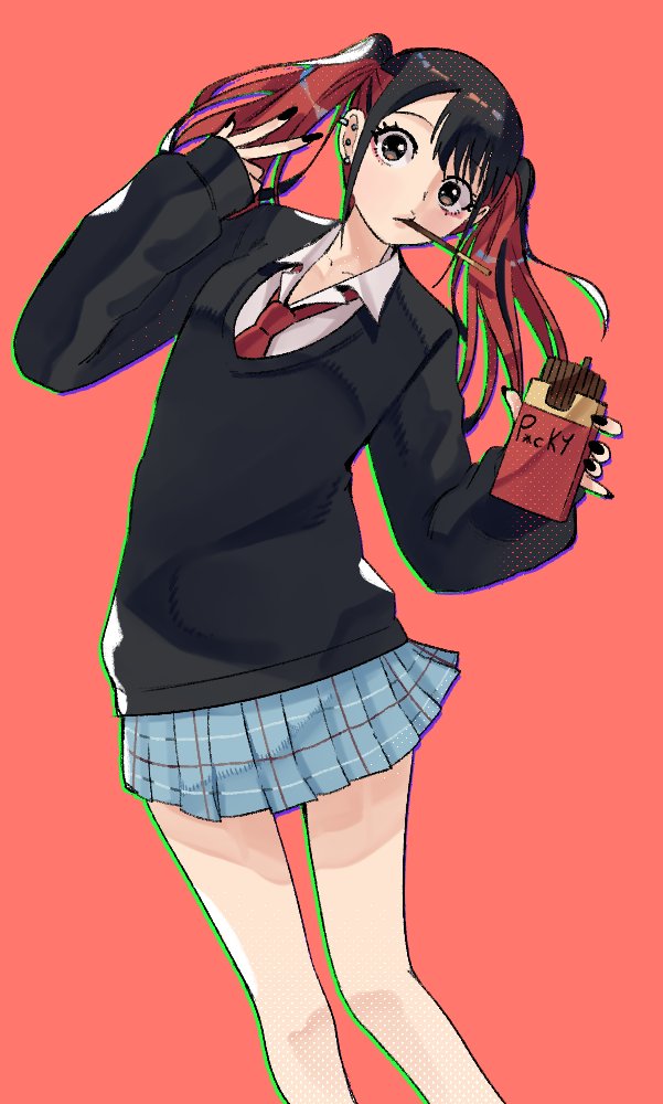wanderjegson, sugaya nowa, sono bisque doll wa koi wo suru, 1girl, black cardigan, black eyes, black hair, box, cardigan, collared shirt, cowboy, ear piercing, food, food in mouth, holding, holding box, holding food, leaning to the side, long hair, long sleeves, looking at viewer, miniskirt, multicolored hair, nail polish, necktie, piercing, plaid clothes, plaid skirt, pocky, pocky in mouth, red background, red hair, red necktie, shirt, skirt, standing, twintails, two-tone hair, v, western, white shirt